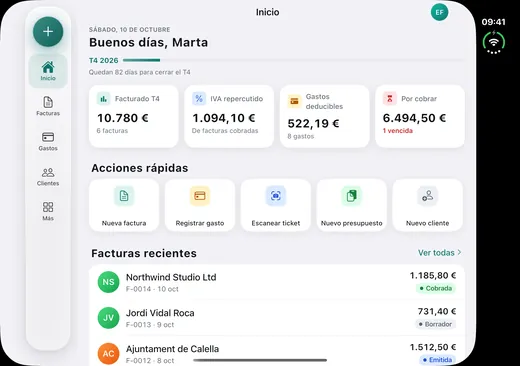 iPhone Duo abierto con el inicio de Fakturia a todo el ancho y la barra lateral de secciones.